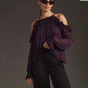 NWT Anthropologie | Purple‎ Sheer Off The Shoulder Long Sleeve Blouse XS
